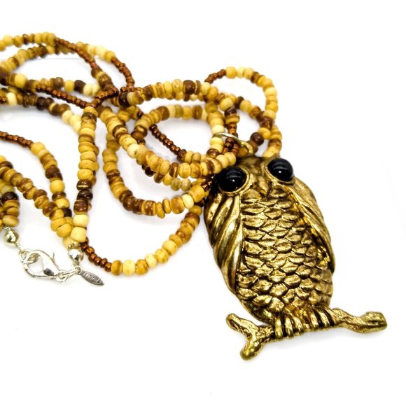 Retro Owl Pendant Necklace, Vintage Brown Multi Strand Choker from Avon with Gol - Picture 3 of 4